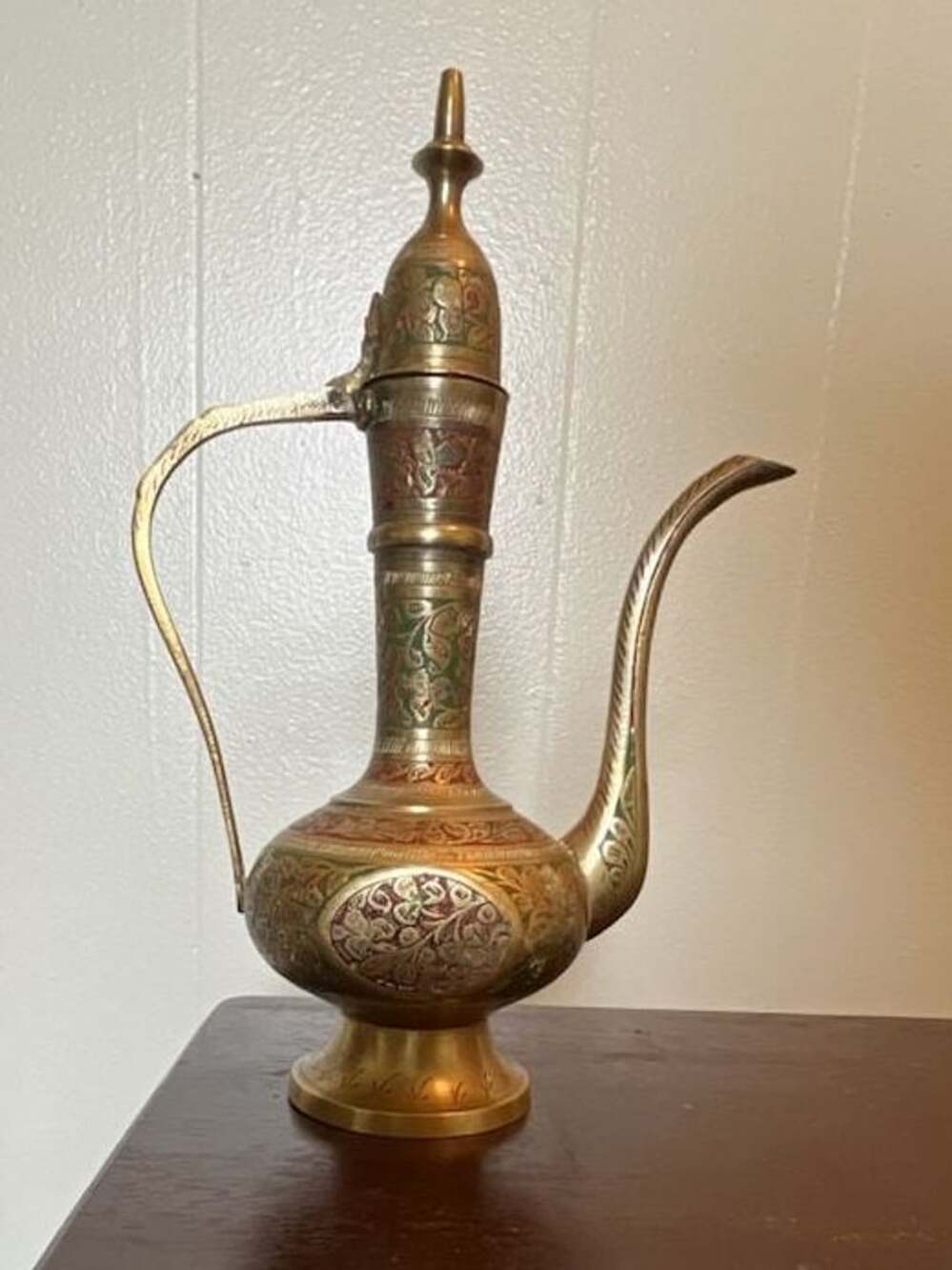 Vintage Brass Oil Jar Dallah Pitcher with Hinged Lid and Enamel Decorations